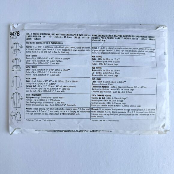 Vtg 80s Simplicity 9478 Doll Clothes Sewing Pattern 14"-18" Cape Muff Nightgown - Picture 3 of 3